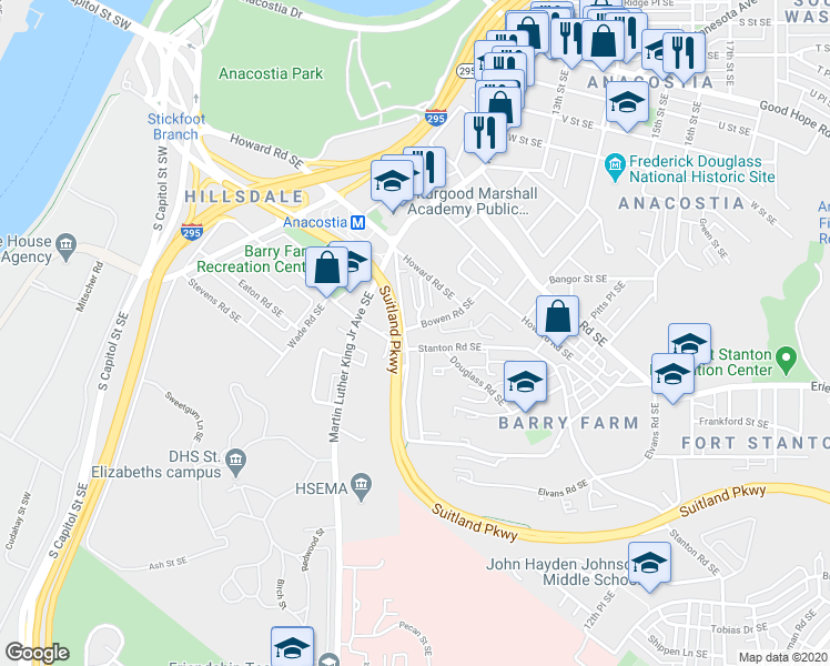 map of restaurants, bars, coffee shops, grocery stores, and more near 2509 Bowen Road Southeast in Washington
