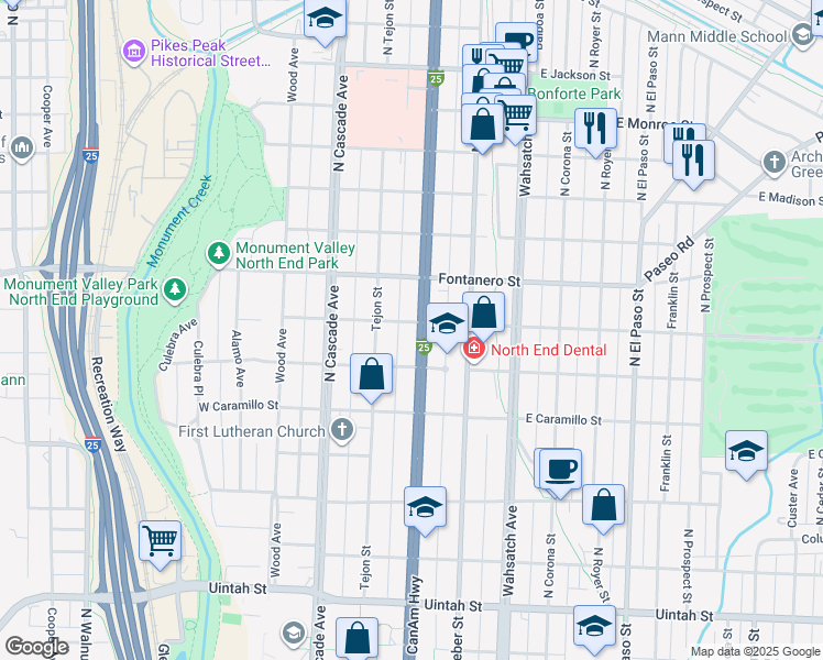 map of restaurants, bars, coffee shops, grocery stores, and more near 115 East Espanola Street in Colorado Springs