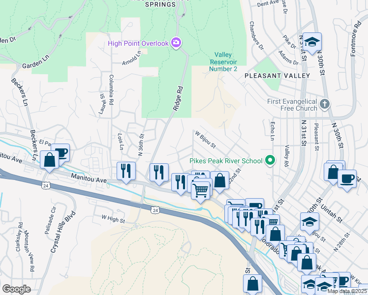 map of restaurants, bars, coffee shops, grocery stores, and more near 125 Yale Avenue in Colorado Springs