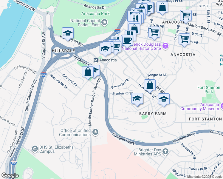 map of restaurants, bars, coffee shops, grocery stores, and more near 2509 Bowen Road Southeast in Washington