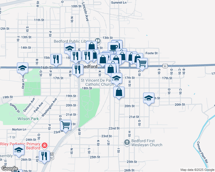 map of restaurants, bars, coffee shops, grocery stores, and more near 911 17th Street in Bedford