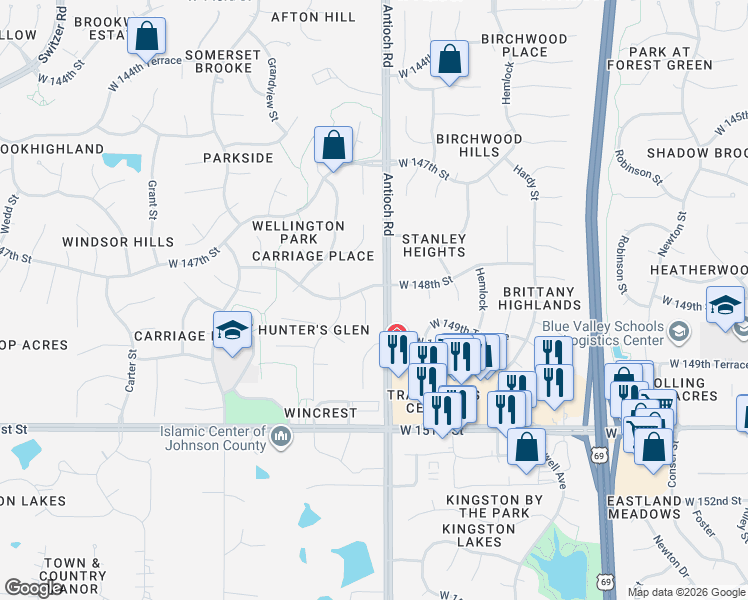 map of restaurants, bars, coffee shops, grocery stores, and more near 14800 Slater Street in Overland Park