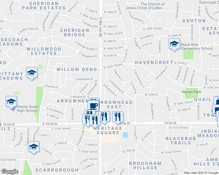 map of restaurants, bars, coffee shops, grocery stores, and more near 14704 South Wyandotte Drive in Olathe