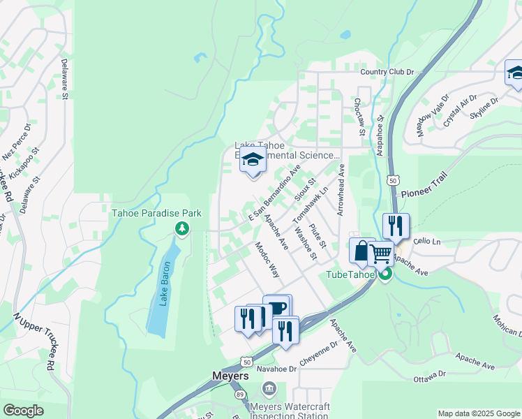 map of restaurants, bars, coffee shops, grocery stores, and more near 1095 East San Bernardino Avenue in South Lake Tahoe