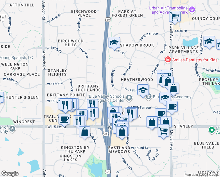 map of restaurants, bars, coffee shops, grocery stores, and more near 14866 Robinson Street in Overland Park