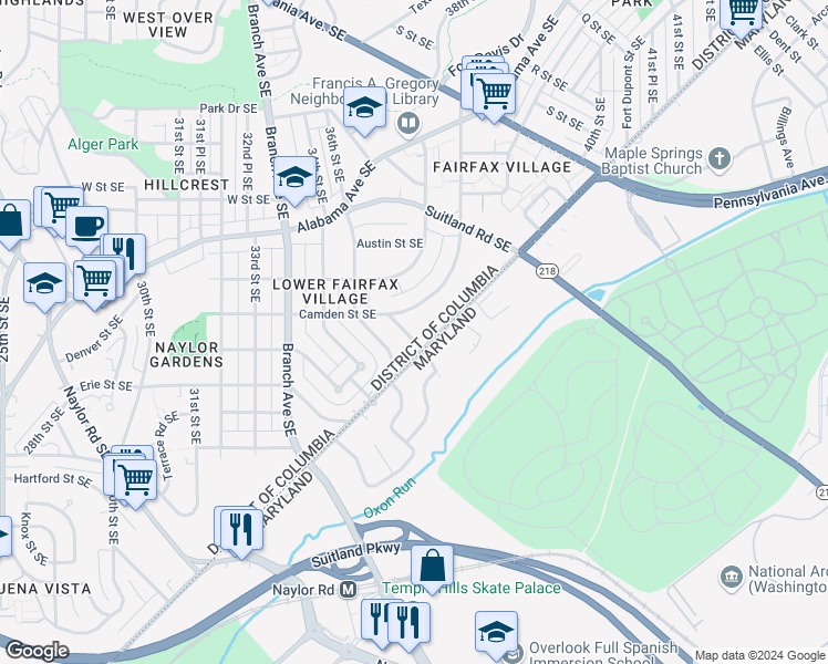 map of restaurants, bars, coffee shops, grocery stores, and more near 2520 36th Place Southeast in Washington