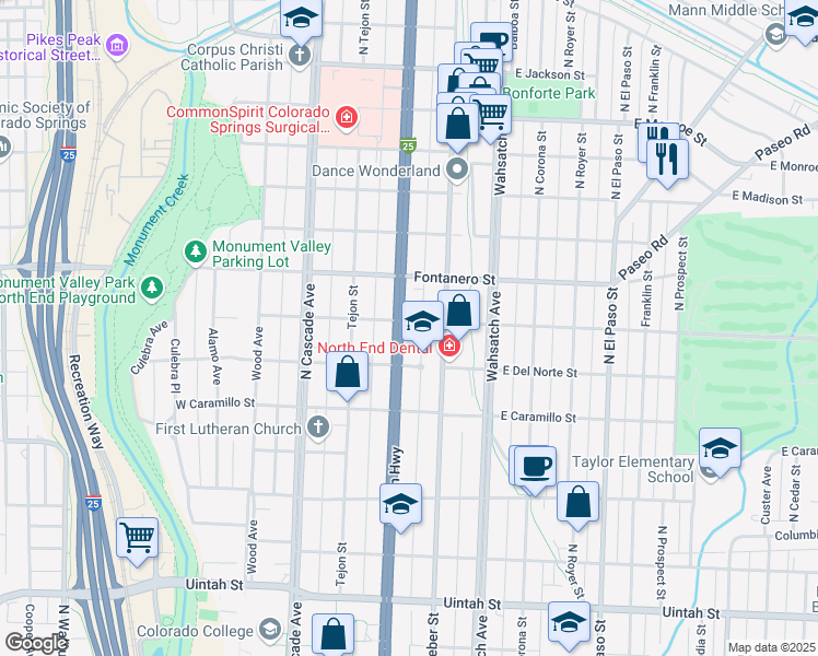 map of restaurants, bars, coffee shops, grocery stores, and more near 1731 North Nevada Avenue in Colorado Springs