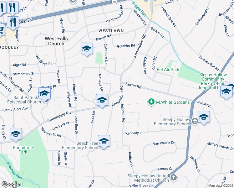 map of restaurants, bars, coffee shops, grocery stores, and more near 6803 Beechview Drive in Falls Church