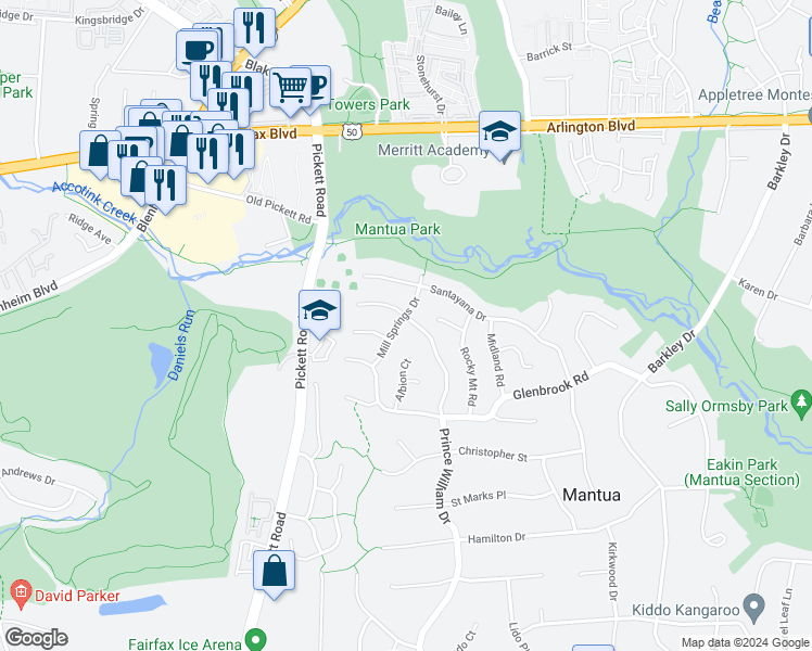 map of restaurants, bars, coffee shops, grocery stores, and more near 3300 Prince William Drive in Fairfax
