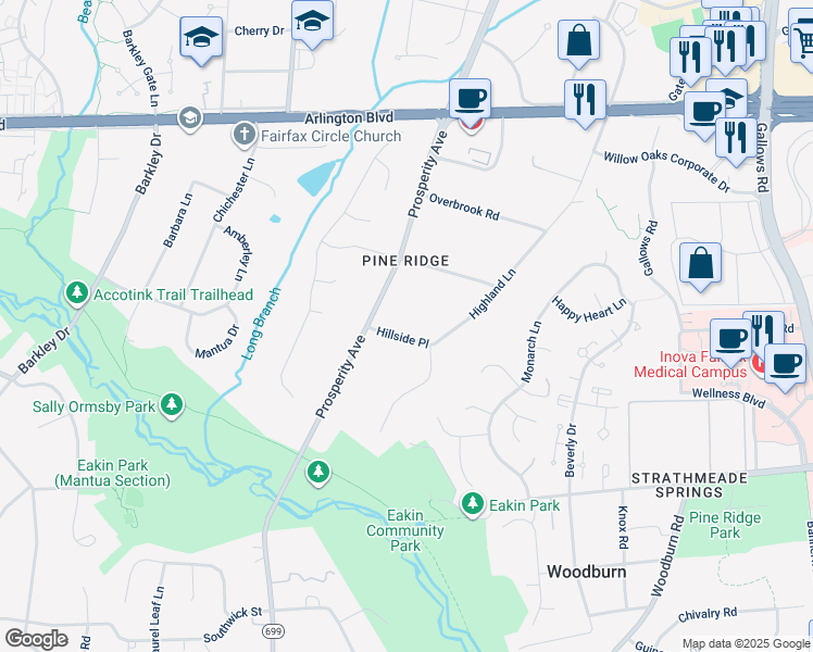 map of restaurants, bars, coffee shops, grocery stores, and more near 8604 Hillside Place in Fairfax