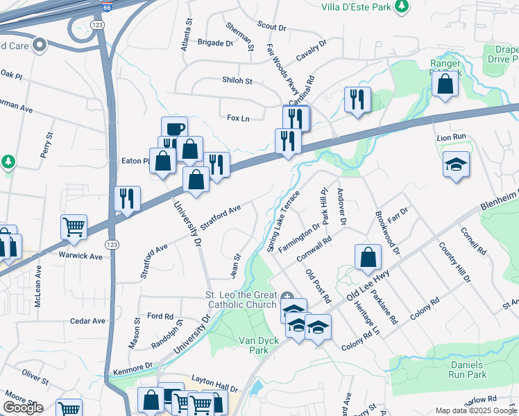 map of restaurants, bars, coffee shops, grocery stores, and more near 3503 Jean Street in Fairfax