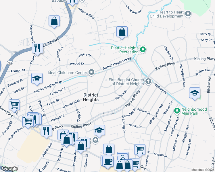 map of restaurants, bars, coffee shops, grocery stores, and more near 6910 Foster Street in District Heights