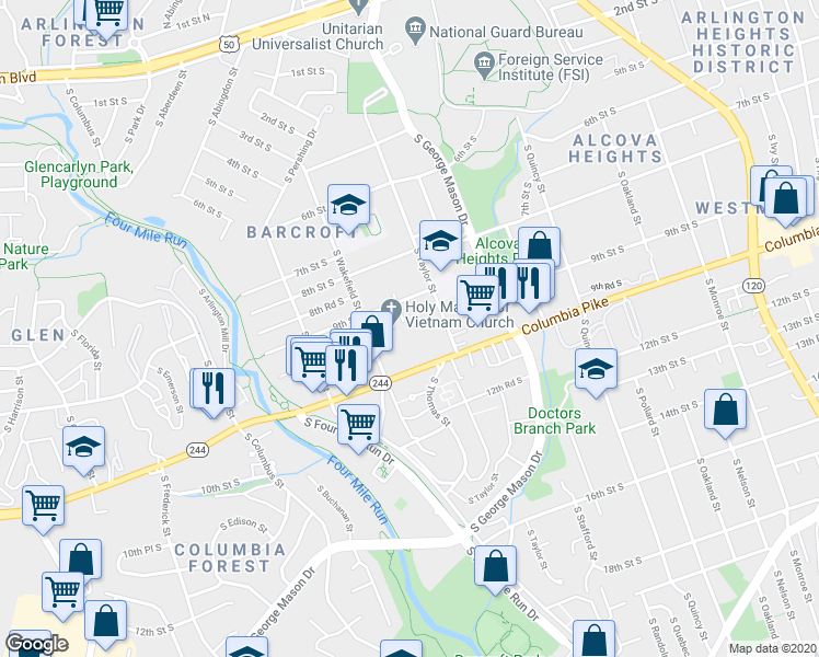 map of restaurants, bars, coffee shops, grocery stores, and more near 919 South Utah Street in Arlington