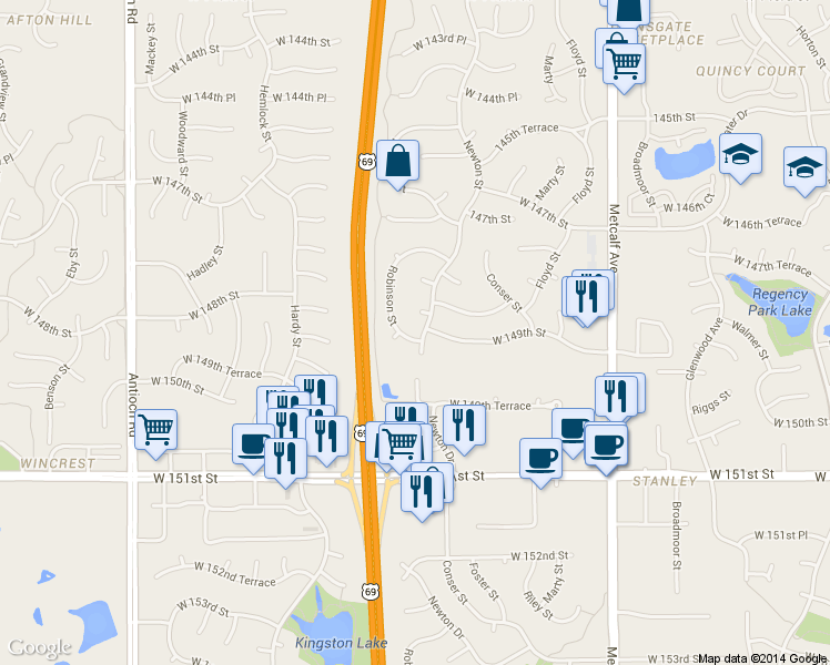map of restaurants, bars, coffee shops, grocery stores, and more near 7702 West 149th Street in Overland Park