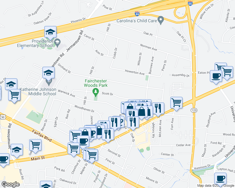 map of restaurants, bars, coffee shops, grocery stores, and more near 10724 Scott Drive in Fairfax