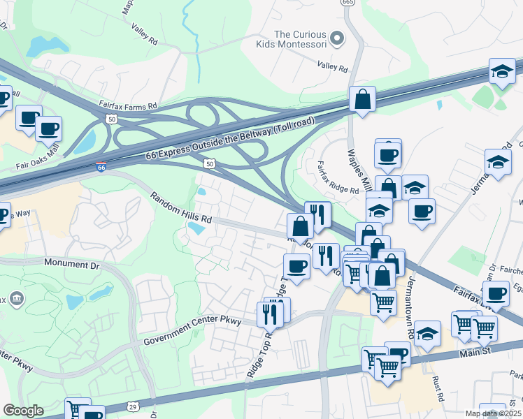 map of restaurants, bars, coffee shops, grocery stores, and more near 11400 Random Hills Road in Fairfax