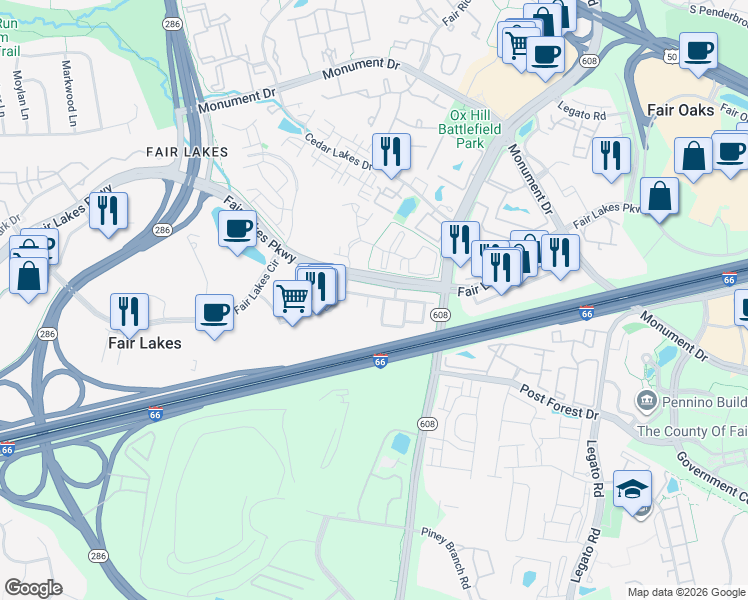 map of restaurants, bars, coffee shops, grocery stores, and more near 4421 Eastwick Court in Fairfax
