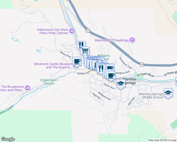 map of restaurants, bars, coffee shops, grocery stores, and more near 20 Ruxton Avenue in Manitou Springs