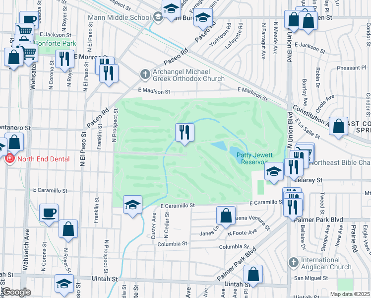 map of restaurants, bars, coffee shops, grocery stores, and more near 900 East Espanola Street in Colorado Springs