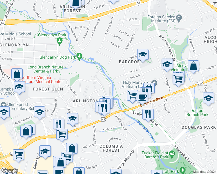 map of restaurants, bars, coffee shops, grocery stores, and more near 816 South Arlington Mill Drive in Arlington