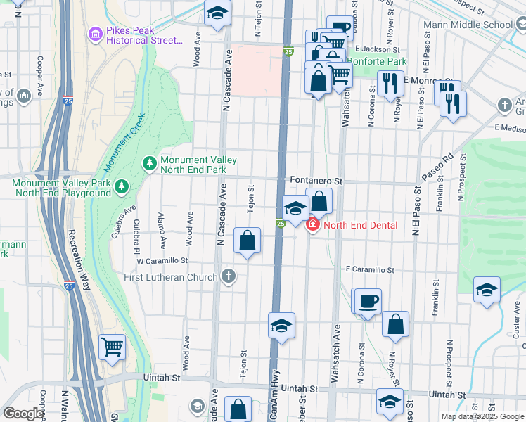map of restaurants, bars, coffee shops, grocery stores, and more near 115 East Espanola Street in Colorado Springs