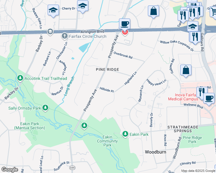 map of restaurants, bars, coffee shops, grocery stores, and more near 8604 Hillside Place in Fairfax