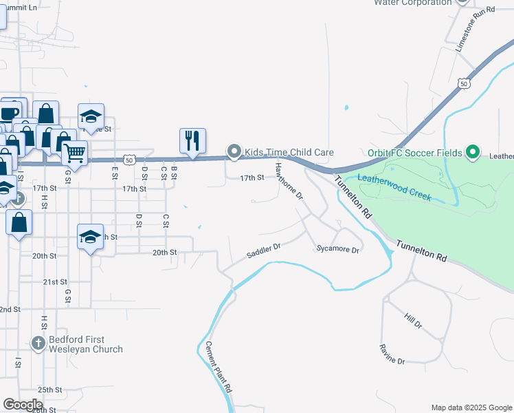 map of restaurants, bars, coffee shops, grocery stores, and more near 1701-1799 A St Dr in Bedford