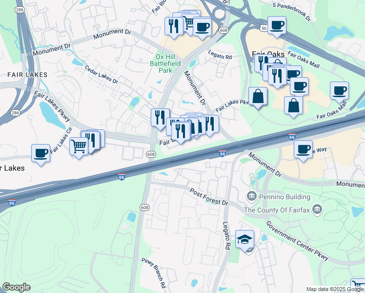 map of restaurants, bars, coffee shops, grocery stores, and more near 12231 Fair Lakes Promenade Drive in Fairfax