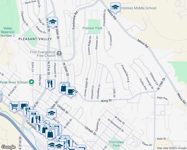 map of restaurants, bars, coffee shops, grocery stores, and more near 718 Pioneer Lane in Colorado Springs