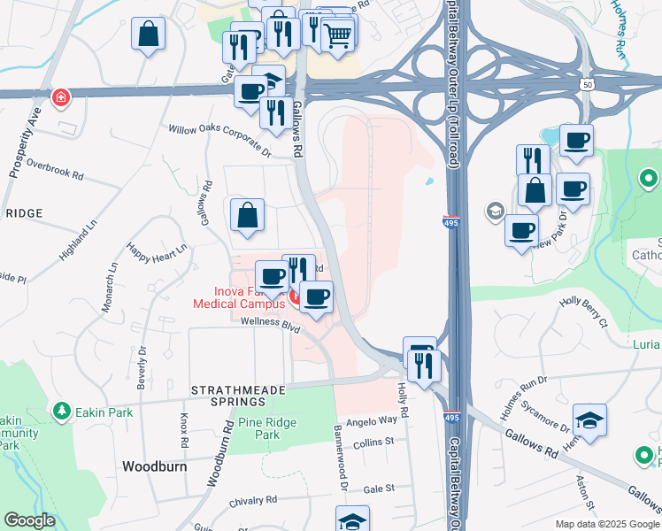 map of restaurants, bars, coffee shops, grocery stores, and more near 3300 Gallows Road in Annandale