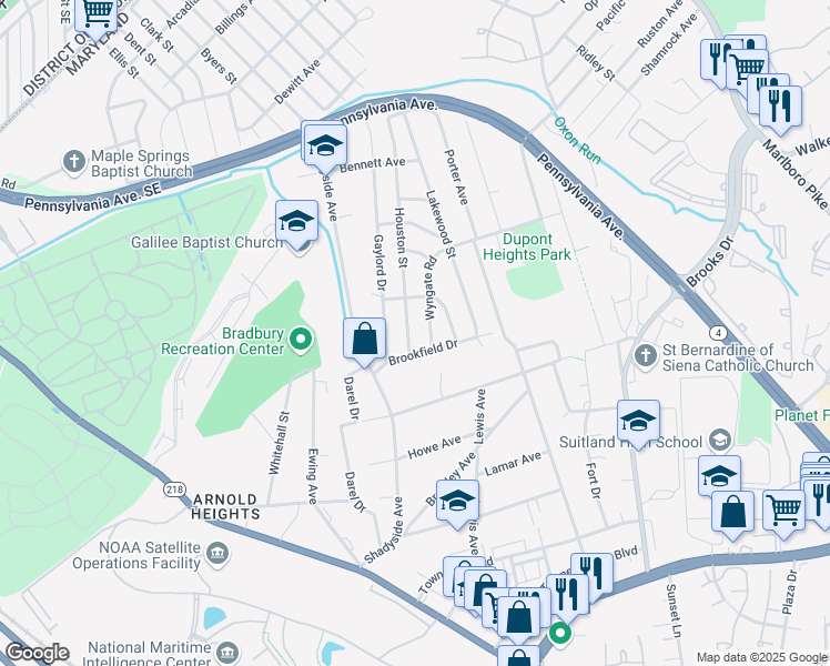 map of restaurants, bars, coffee shops, grocery stores, and more near 2318 Houston Street in Hillcrest Heights