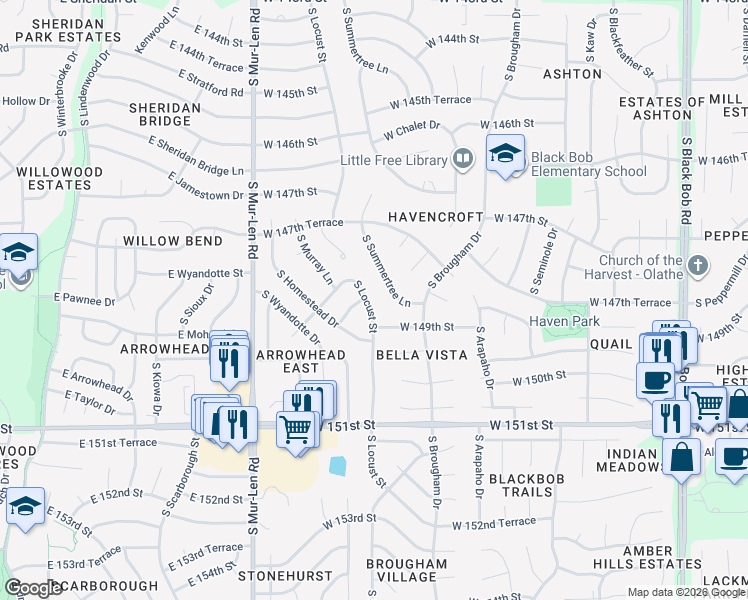 map of restaurants, bars, coffee shops, grocery stores, and more near 14827 South Locust Street in Olathe