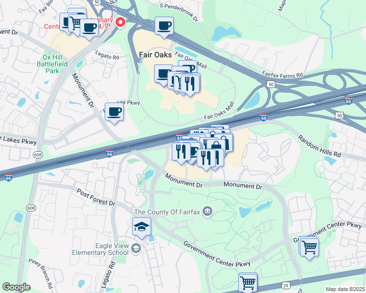 map of restaurants, bars, coffee shops, grocery stores, and more near 4097 Monument Corner Drive in Fairfax