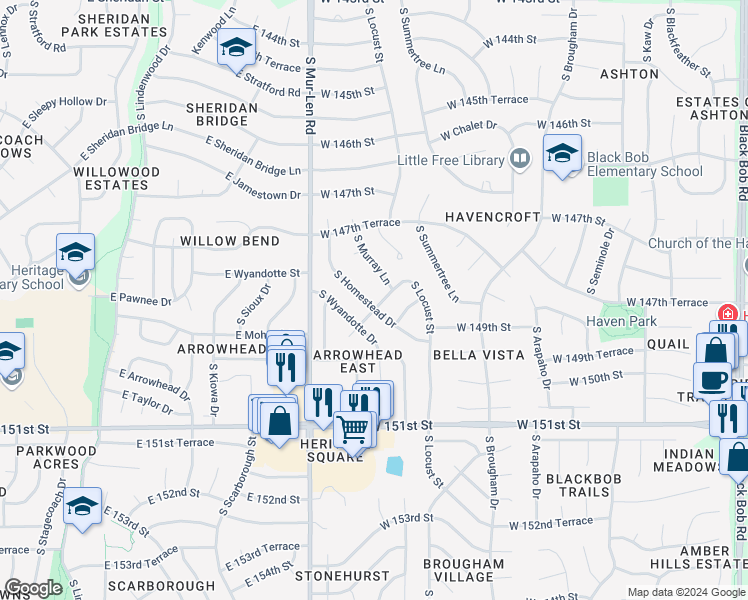 map of restaurants, bars, coffee shops, grocery stores, and more near 16420 West Locust Street in Olathe