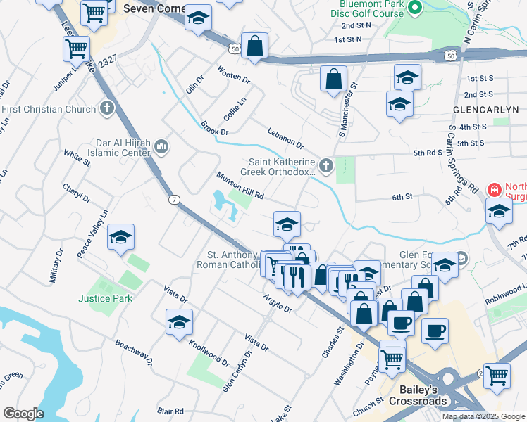 map of restaurants, bars, coffee shops, grocery stores, and more near 6028 Munson Place in Falls Church