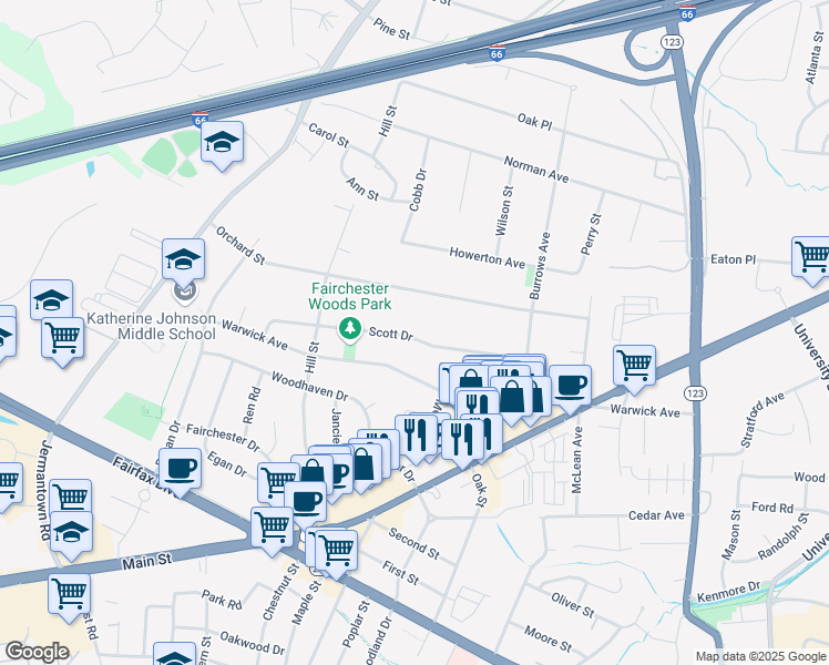 map of restaurants, bars, coffee shops, grocery stores, and more near 10728 Scott Drive in Fairfax