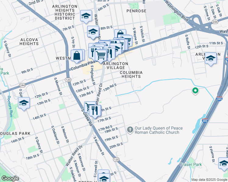 map of restaurants, bars, coffee shops, grocery stores, and more near 1400 South Edgewood Street in Arlington