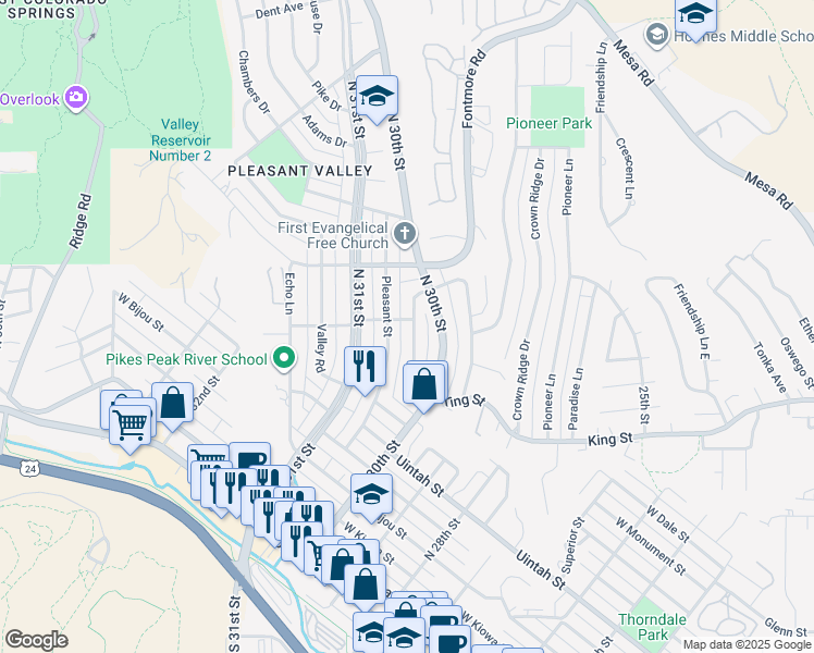 map of restaurants, bars, coffee shops, grocery stores, and more near 670 Glen Eyrie Circle in Colorado Springs