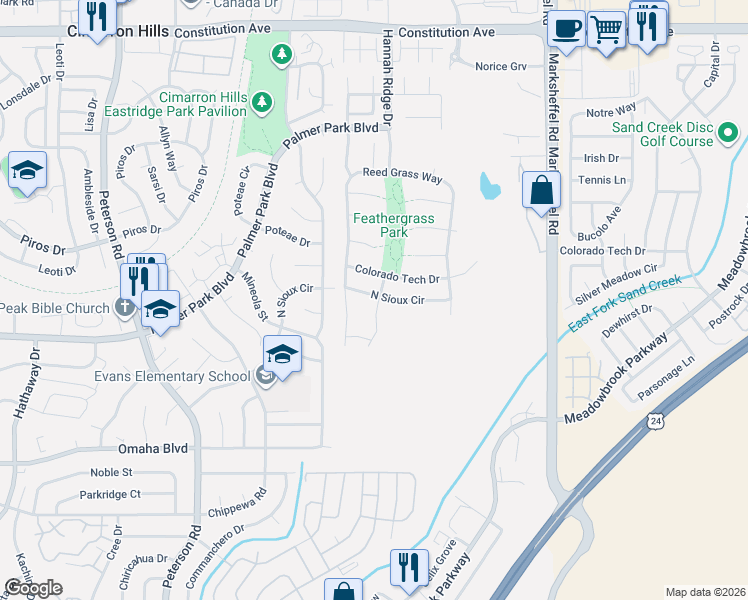 map of restaurants, bars, coffee shops, grocery stores, and more near 7425 Sioux Circle North in Colorado Springs
