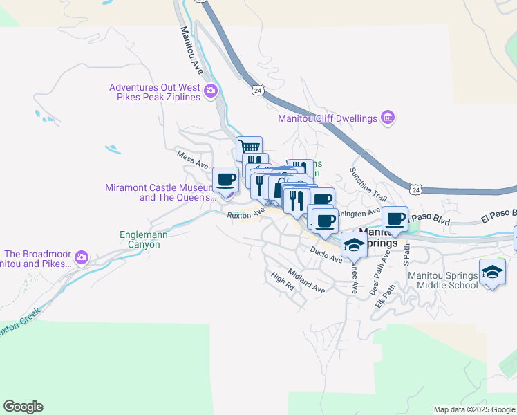 map of restaurants, bars, coffee shops, grocery stores, and more near 20 Ruxton Avenue in Manitou Springs