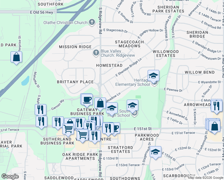 map of restaurants, bars, coffee shops, grocery stores, and more near 1419 South Sheridan Bridge Place in Olathe