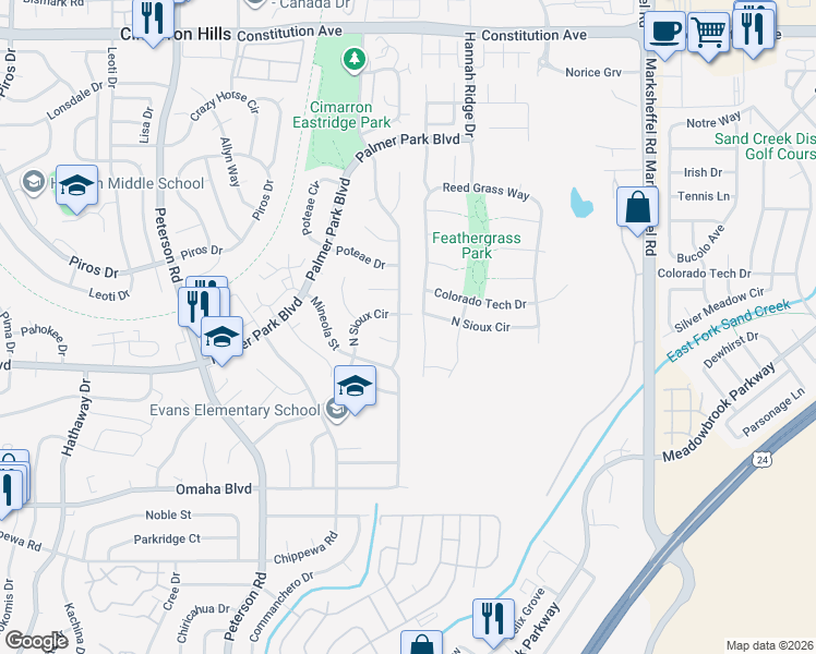map of restaurants, bars, coffee shops, grocery stores, and more near 1885 Shawnee Drive in Colorado Springs