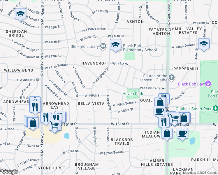 map of restaurants, bars, coffee shops, grocery stores, and more near 14809 South Arapaho Drive in Olathe