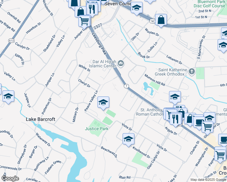 map of restaurants, bars, coffee shops, grocery stores, and more near 6143 Leesburg Pike in Falls Church