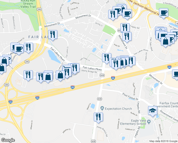 map of restaurants, bars, coffee shops, grocery stores, and more near 12434 Liberty Bridge Road in Fairfax