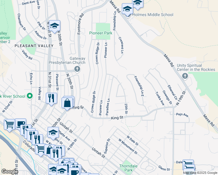 map of restaurants, bars, coffee shops, grocery stores, and more near 726 Paradise Lane in Colorado Springs