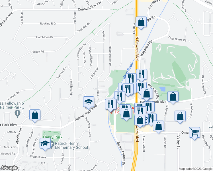 map of restaurants, bars, coffee shops, grocery stores, and more near 5540 Darcy Lane in Colorado Springs