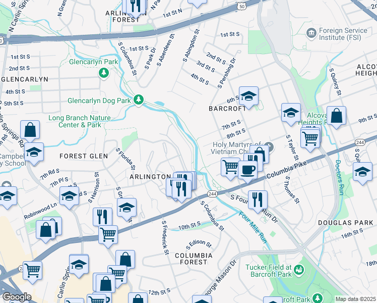map of restaurants, bars, coffee shops, grocery stores, and more near 816 South Arlington Mill Drive in Arlington