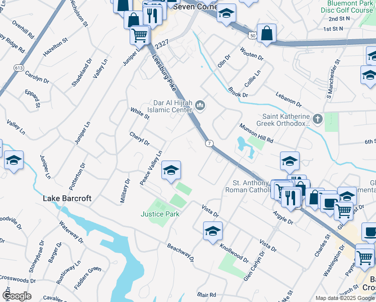 map of restaurants, bars, coffee shops, grocery stores, and more near 6143 Leesburg Pike in Falls Church