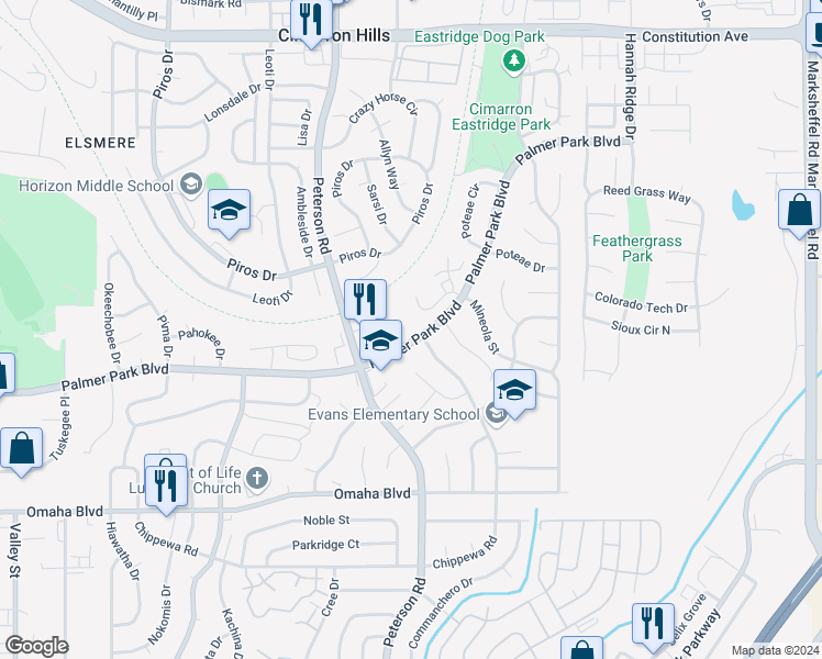 map of restaurants, bars, coffee shops, grocery stores, and more near 6964 Lanka Lane in Colorado Springs